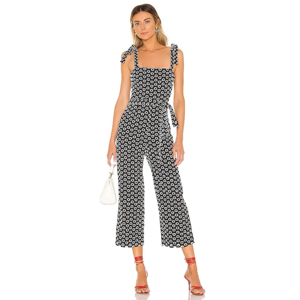 Lovers Friends Jumpsuit Eyelet Black White Sz M Shoulder Tie Feminine Willa